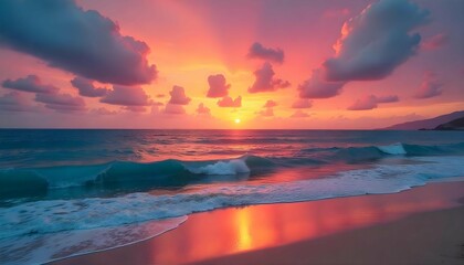 A beautiful landscape of a sunset over the ocean. The sky is filled with vibrant colors of orange, pink, and purple, with the sun setting . The clouds are scattered across  the sky.