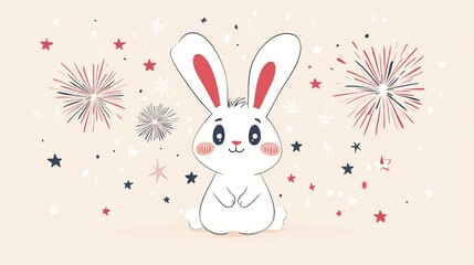 Obraz premium Cute bunny celebrating with fireworks.