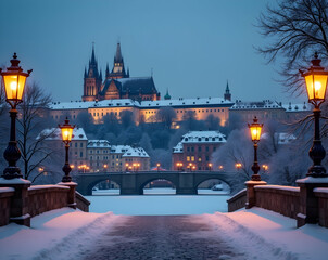 Obraz premium Winter Wonderland, A Breathtaking Panoramic View of a Historic European Cityscape Covered in Snow, Illuminated by Warm Streetlights at Dusk, Evoking a Sense of Tranquility