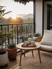 Fototapeta premium Balcony scene showing coffee plants and a beautiful sunrise view