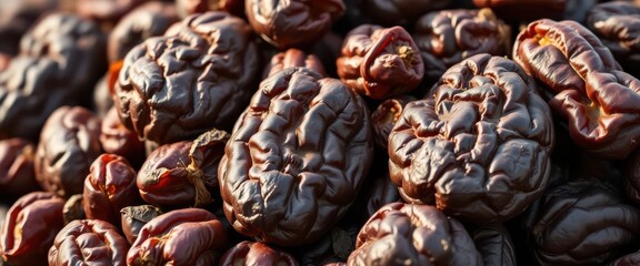 Close-up of a mountain of wrinkled, dark brown dried dates, rich, dates
