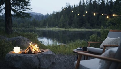 Glamping adventure at a serene lake cozy campfire setup rustic environment tranquil viewpoint