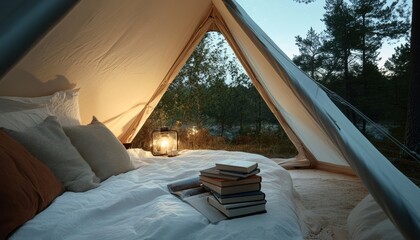 Glamping experience cozy luxury tent reading nook in nature relaxing camp environment serene viewpoint