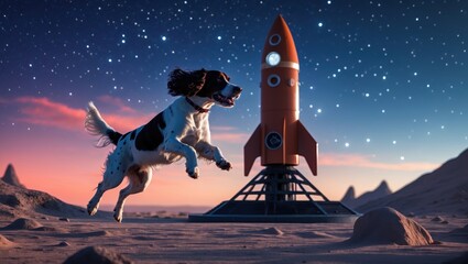Obraz premium A playful dog leaping joyfully in front of a vibrant spacecraft under a starry sky on an alien landscape.