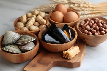 Common food allergens in bowls wheat milk peanuts soy eggs shellfish allergy health  
