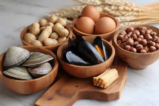 Common food allergens in bowls wheat milk peanuts soy eggs shellfish allergy health  
