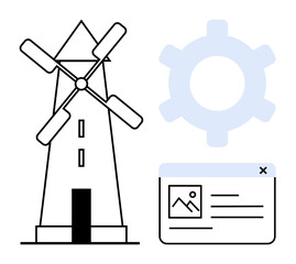 Windmill, gear, and webpage interface expressing eco-friendly energy, digital transformation, and technological advancement. Ideal for sustainability, engineering, innovation, energy efficiency