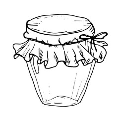 A glass jar tied with a napkin and a hemp rope. Black and white vector illustration. Drawing of a glass container, isolated on a white background. Ceramic tableware, sketch of kitchen utensils in ink
