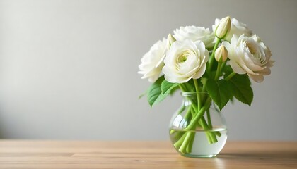 Fototapeta premium A minimalist white vase containing delicate white flowers sits gracefully on a wooden table against a paneled wall, exuding elegance and simplicity in decor style, created with generative ai
