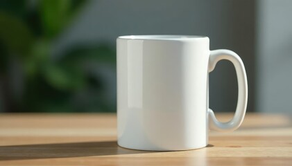 Fototapeta premium Classic white ceramic mug, handle detail visible , empty, morning, object