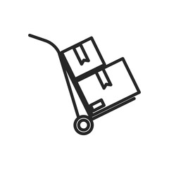 Delivery with a boxes hand cart black outlined illustration transport sign. Vector icon in flat style