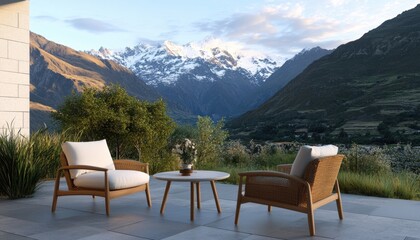 Fototapeta premium Glamping experience in the mountains elegant outdoor lounge with scenic views in a relaxing environment