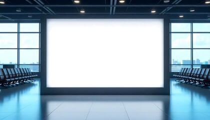 A large mockup white blank digital display in an airport terminal with rows of seats and windows in the background, created with generative ai