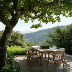 Obraz premium Glamping dining experience amidst nature's beauty scenic hillside outdoor relaxation tranquil environment