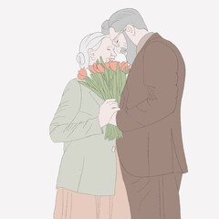 happy old man and old woman love by years with tulips hugging each other