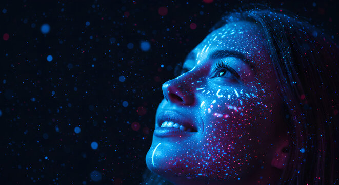 Woman with neon glowing face looking up at luminous dots. Futuristic portrait of innovation and technology transformation for artificial intelligence concept.