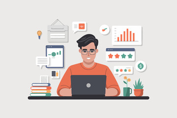 Focused Man Working on Laptop with Data Analysis and Communication