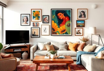 Cozy living room with framed artwork on wall, showcasing interior design, artwork, frame