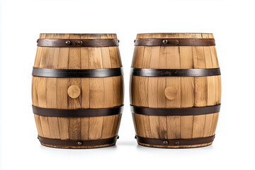 Two wooden storage barrels with metal hoops on wooden stands	