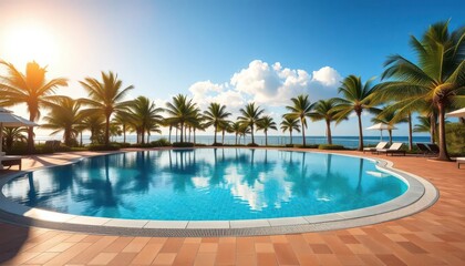 Sun-drenched pool, palm trees, luxury decking, tranquil scene, sunshine, calm