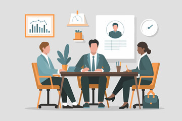 Job Interview Panel with Applicant Resume and Review Process, Vector Illustration