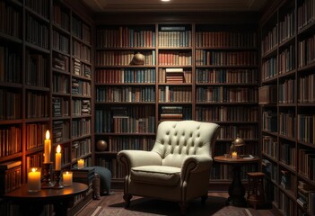 Soft lighting illuminates a plush armchair nestled in a book-filled alcove, candles flickering nearby, fireplace, rustic