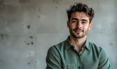 Fototapeta premium A man with a green shirt and a beard is smiling at the camera