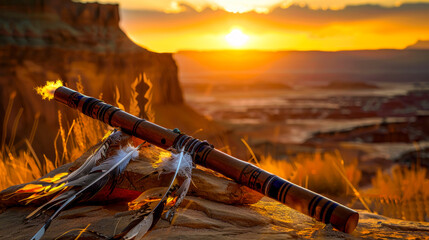 Native American flute, laid across feathers, canyon background with sun setting, terracotta and ochre tones