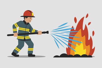 Brave Firefighter Fighting Flames with Water Hose, Safety Illustration
