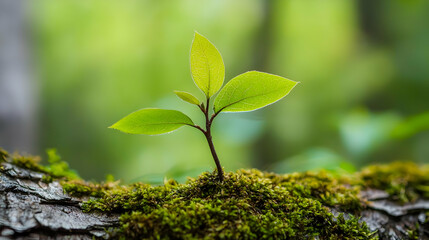 Tiny Sprout Emerging From Moss On Tree Bark