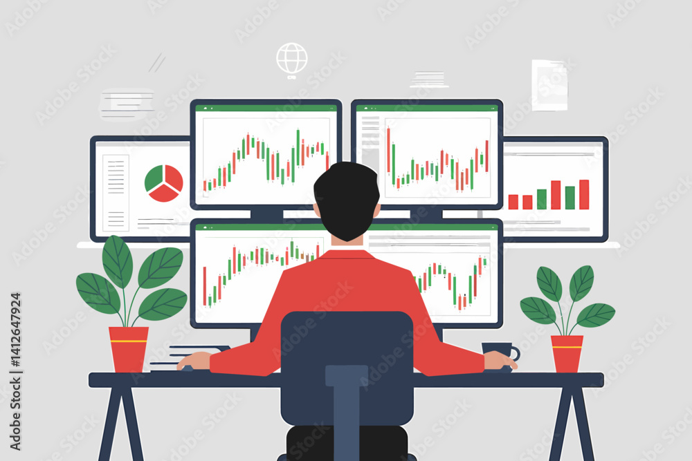 Poster day trader analyzing stock market charts on multiple computer screens