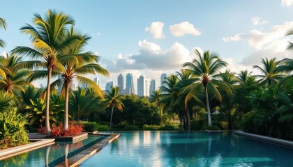 Tranquil city skyline view from a lush tropical poolside oasis with swaying coconut palms, sunlight, background