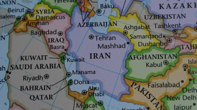 close up of the country of Iran viewed on a wold map as a travel concept. Iran on a map. Political map of Iran 
