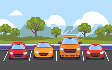 Cars in parking lot with trees and mountains in the background vector illustration