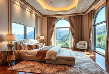 Opulent master suite with king-size bed, plush textiles, and expansive windows, drapes, stone