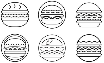Set of Black Line Burger Icons, Minimalist Fast Food Design,