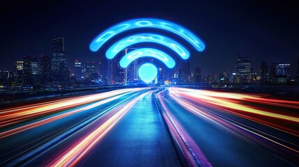 Futuristic city with high speed connectivity and glowing wifi symbol overlay