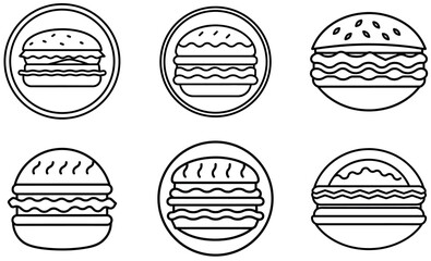 Set of Black Line Burger Icons, Minimalist Fast Food Design,