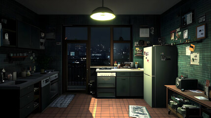 Pixelated Night Kitchen Interior With City View