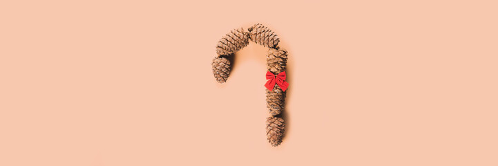 Caramel cane with bow of cedar cones for decoration. Banner.