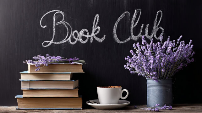 Stack of books and coffee cup on wooden desk with chalkboard lettering and lavender flowers, cozy atmosphere for book club, reading habits, and mindful relaxation in home study corner