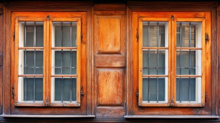 Detailed close-up of vintage brown checkered wooden window with rustic texture, aged surface and traditional grid design in classic architectural style