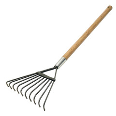 Gardening rake with a wooden handle on a black background.