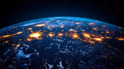 Obraz premium Earth at Night with Illuminated Cities and Networks, Aerial view of Earth at night showing illuminated cities and network connections