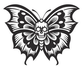 Old school tattoo of moth with skull shaped body and detailed wings, creating striking visual representation of life and death. Black and white tattoo