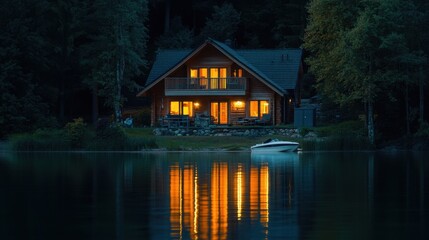 Fototapeta premium Lakeside Haven: Tranquil scene of a lakeside cabin with warm inviting lights reflecting on the still water. A vessel adds a touch of serenity to this idyllic retreat.