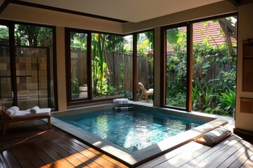 Luxurious indoor spa with natural light and serene greenery in a tropical setting
