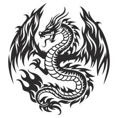 Obraz premium Powerful dragon emerging from flames in black and white. Old school tattoo style, bold design, mythical symbol, body art.