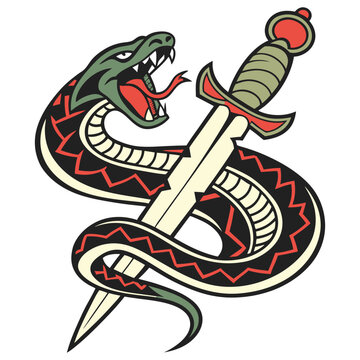 Snake coiling around ornate dagger, displaying fangs and forked tongue. Classic old school tattoo style, raw power, primal danger, bold design, traditional tattoo symbolism.