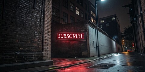 Neon Red Subscribe Sign on Dark Brick Wall in Urban Alley at Night
